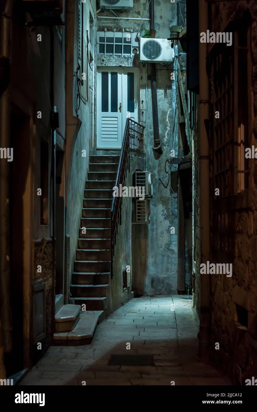 Narrow alley at night, Split, Croatia Stock Photo
