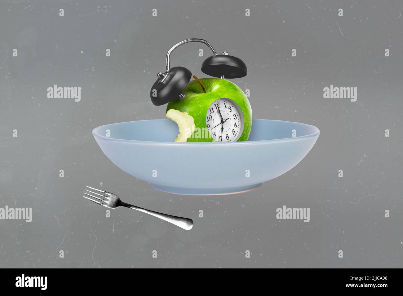 Composite collage image of plate face clock watch inside green bite ...