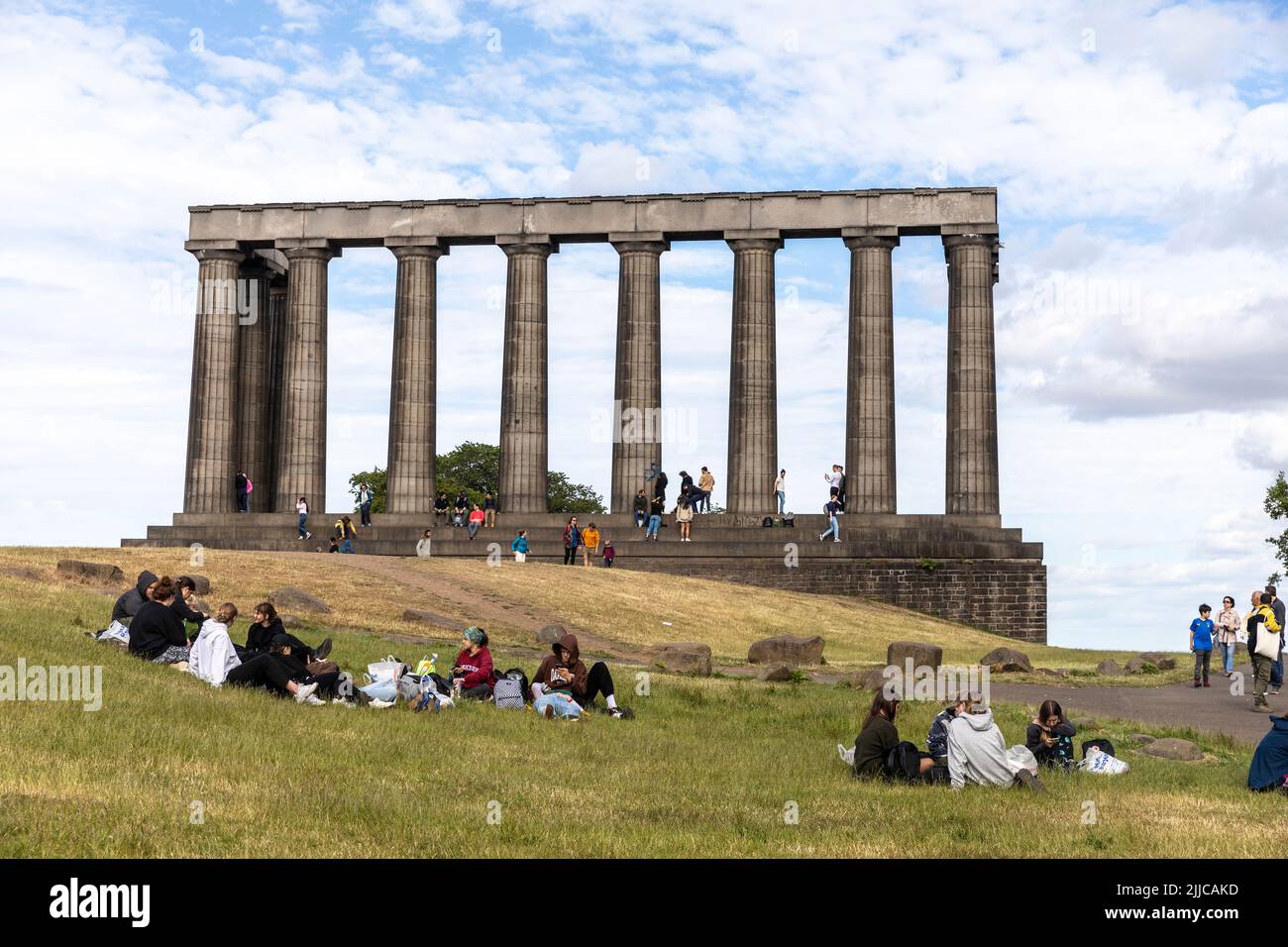 Scotland The National Monument structure on Calton Hill in remembrance of those fallen in Napoleonic Wars, listed by tourists to Edinburgh,Scotland,UK Stock Photo