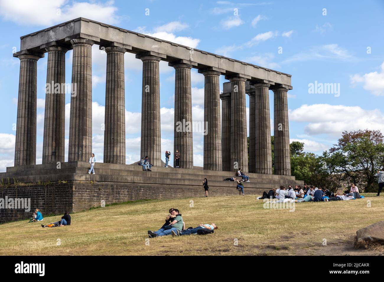 Scotland The National Monument structure on Calton Hill in remembrance of those fallen in Napoleonic Wars, listed by tourists to Edinburgh,Scotland,UK Stock Photo