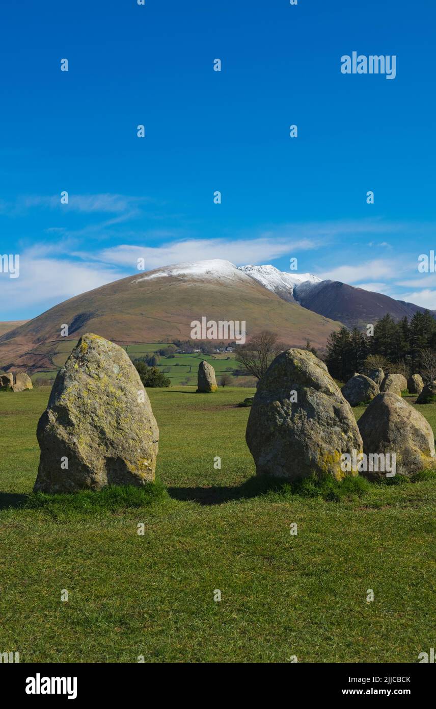 View from Castlerigg Stone Circle towards snow capped Blencathra in spring late winter near Keswick Lake District National Park Cumbria England UK Stock Photo