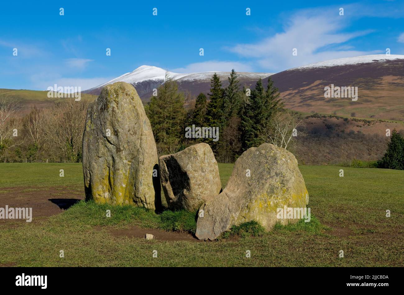 View from Castlerigg Stone Circle towards snow topped Skiddaw in spring late winter near Keswick Lake District National Park Cumbria England UK Stock Photo