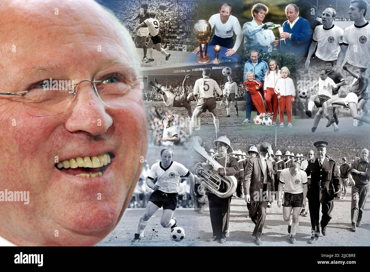 ARCHIVE PHOTO: UWE SEELER DIED AT THE AGE OF 85. Uwe Seeler, former soccer player (born November 5, 1936 in Hamburg) turns 80! PHOTOMONTAGE. During his playing days he was considered one of the best midfielders in the world. Seeler comes from a family of athletes. His father was already a respected athlete in Hamburg. Uwe Seeler was born in Hamburg as the third child of Anni and Erwin Seeler and went to school in Eppendorf. After school, he also did an apprenticeship as a forwarding agent in Hamburg from 1952. On February 18, 1959, Seeler married Ilka Buck, with whom he has three daughters. At Stock Photo