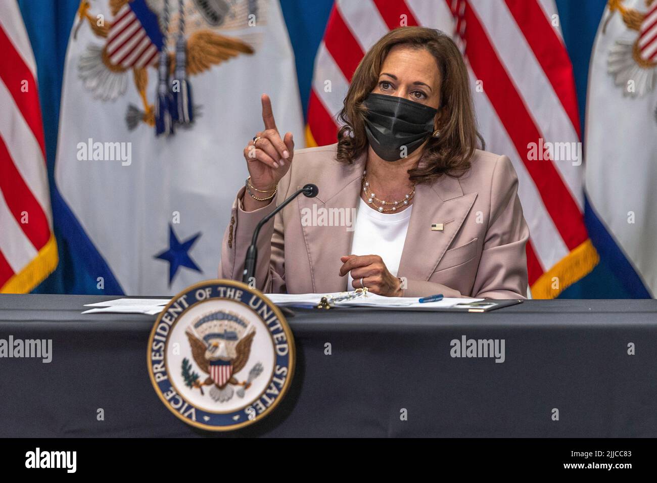 Charlotte, North Carolina, USA. 21st July, 2022. United States Vice President Kamala Harris speaks while meeting with North Carolina state legislators on reproductive rights at the Carole Hoefener Center in Charlotte, North Carolina, US, on Thursday, July 21, 2022. The Supreme Court decision in Dobbs v. Jackson Women's Health Organization dismantled the constitutional right to an abortion set by Roe v. Wade. Credit: Grant Baldwin/Pool via CNP/dpa/Alamy Live News Stock Photo