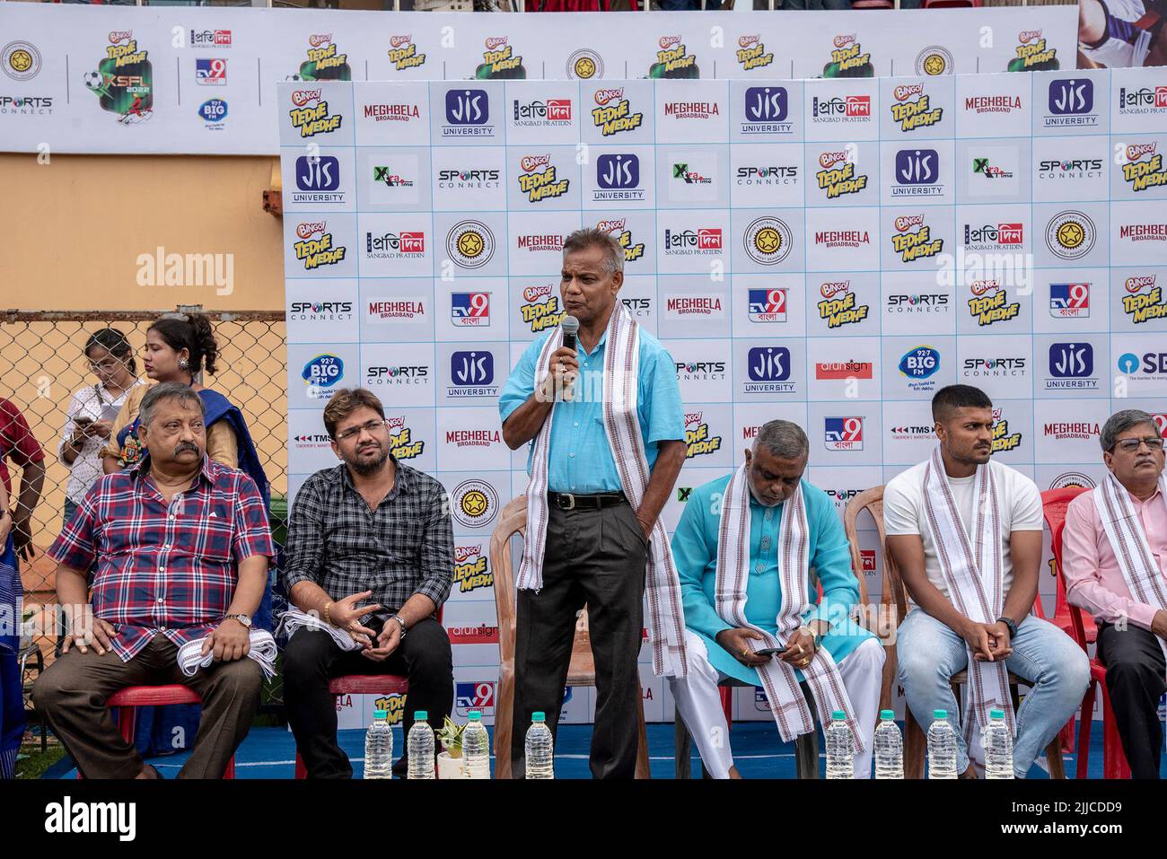 Kolkata, India. 22nd July, 2022. Monoranjan Bhattacharya, ex-Indian international footballer delivering speech on the dais during the 3rd edition of Kolkata School Football League-2022 at NKDA Stadium, Newtown, Kolkata by eminent personalities from football fraternity. (Credit Image: © Amlan Biswas/Pacific Press via ZUMA Press Wire) Stock Photo