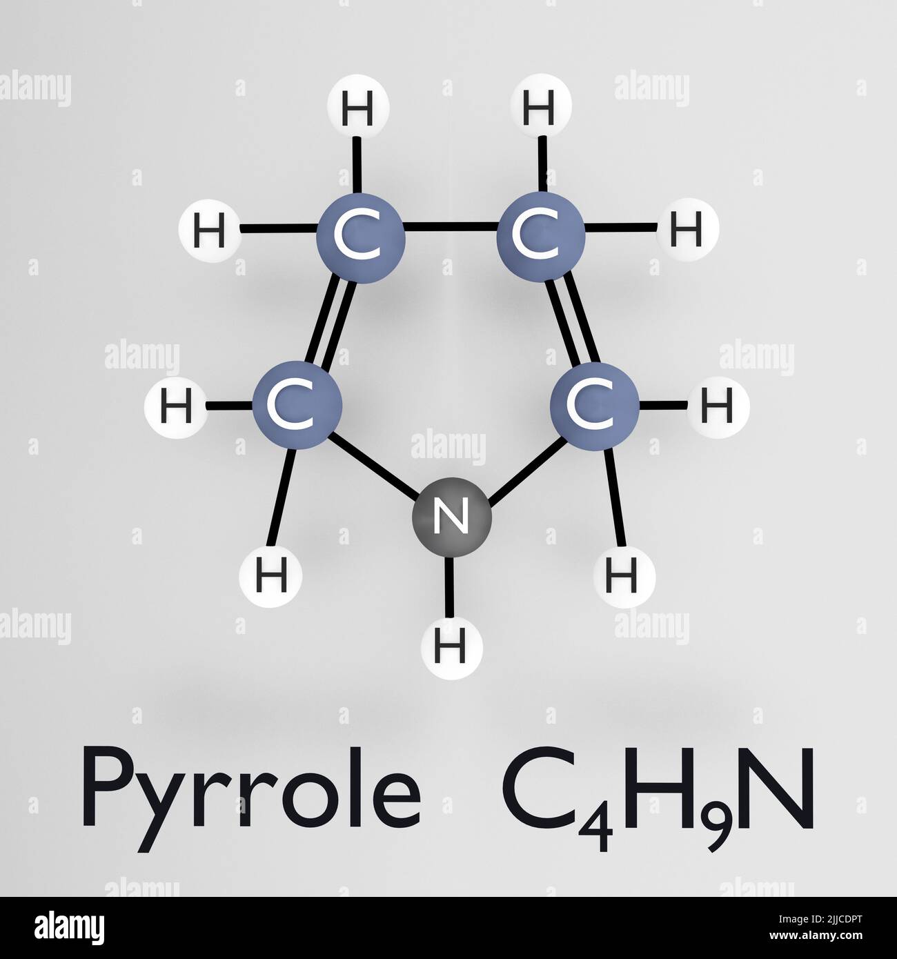 3D illustration of pyrrole molecule composed of carbon, hydrogen, nitrogen and oxygen atoms, isolated over gray background. Stock Photo