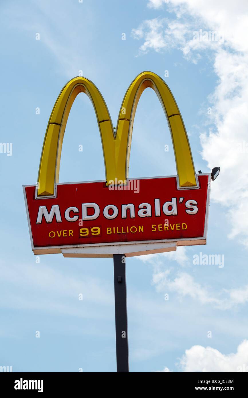 Bloomsburg, PA - June 15, 2013: An elevated sign for the American fast food restaurant chain McDonalds. Stock Photo