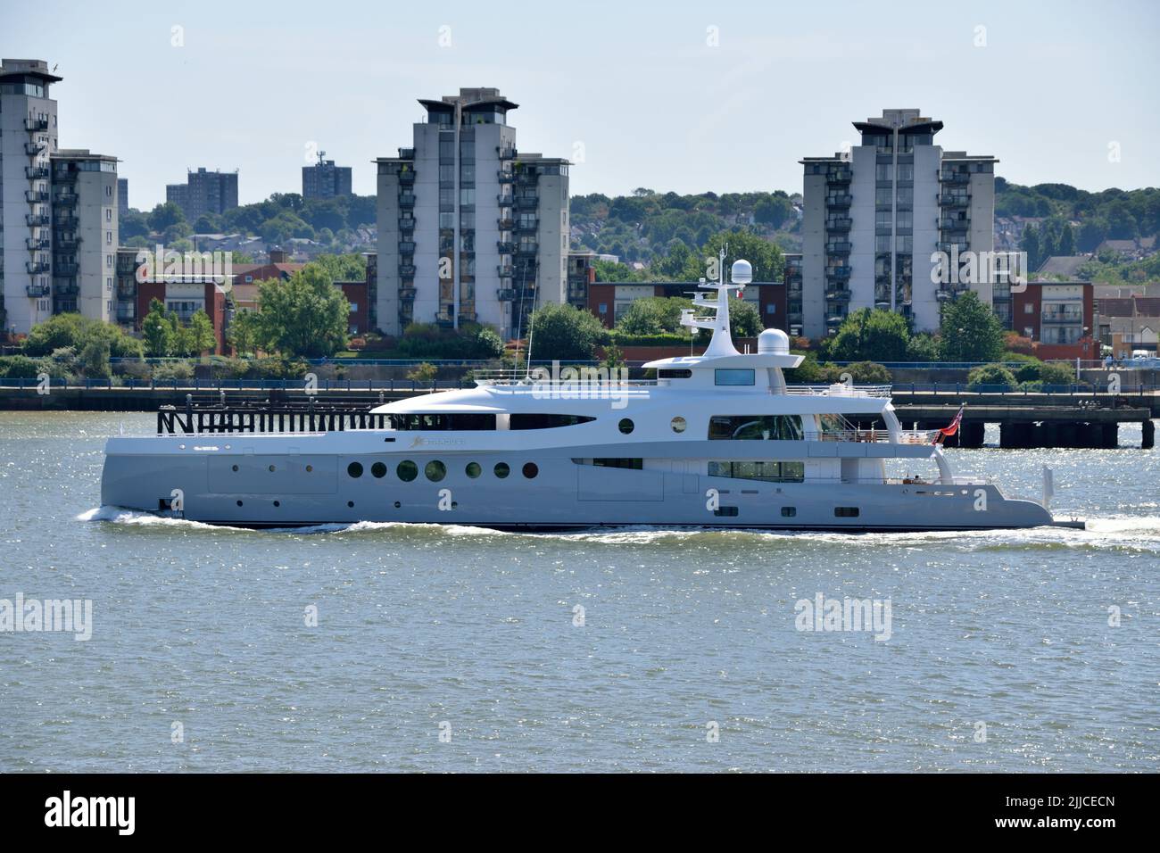 Luxury yacht STARDUST seen heading down the River Thames after having spent a few days in London Stock Photo