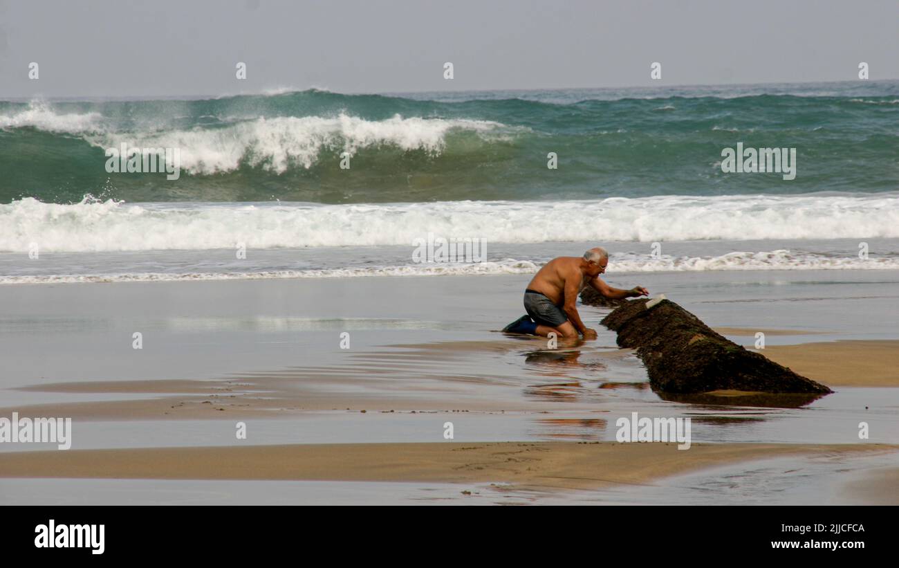 Fisherman hunting for tide dwellers on a beach at Getaria, Northern Spain Stock Photo