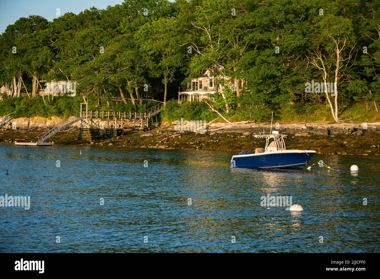 Boats on a dock on the Maine coast fishing port Stock Photo