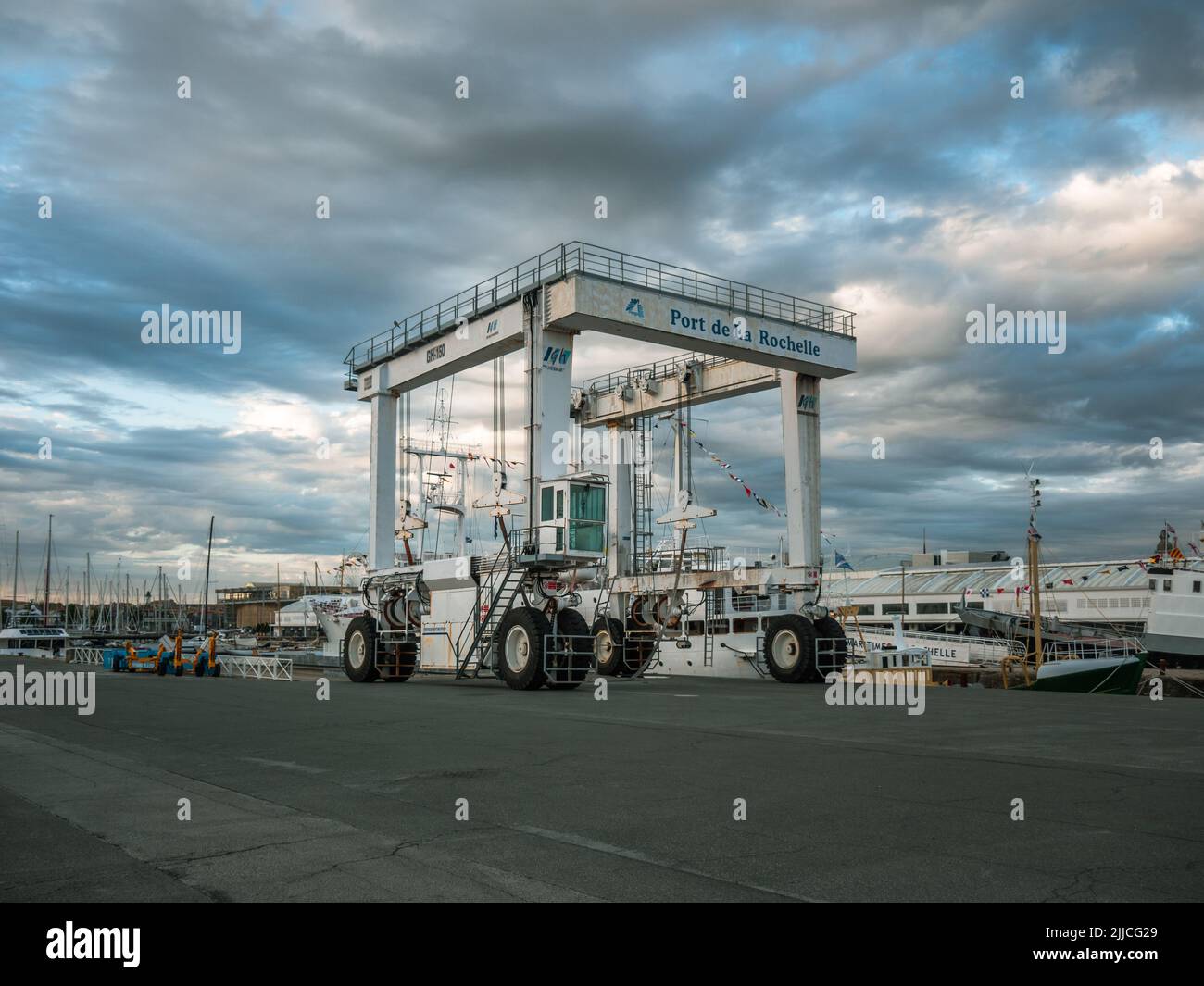 La Rochelle, France June 2022. A selfpropelled gantry crane for transporting boats in the port