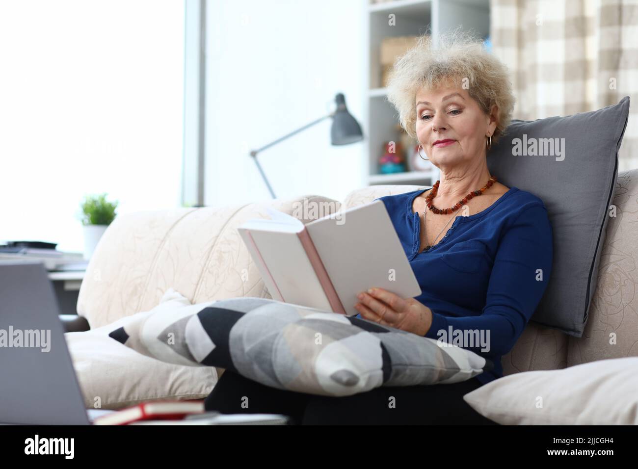Elderly woman is reading book at home on couch Stock Photo