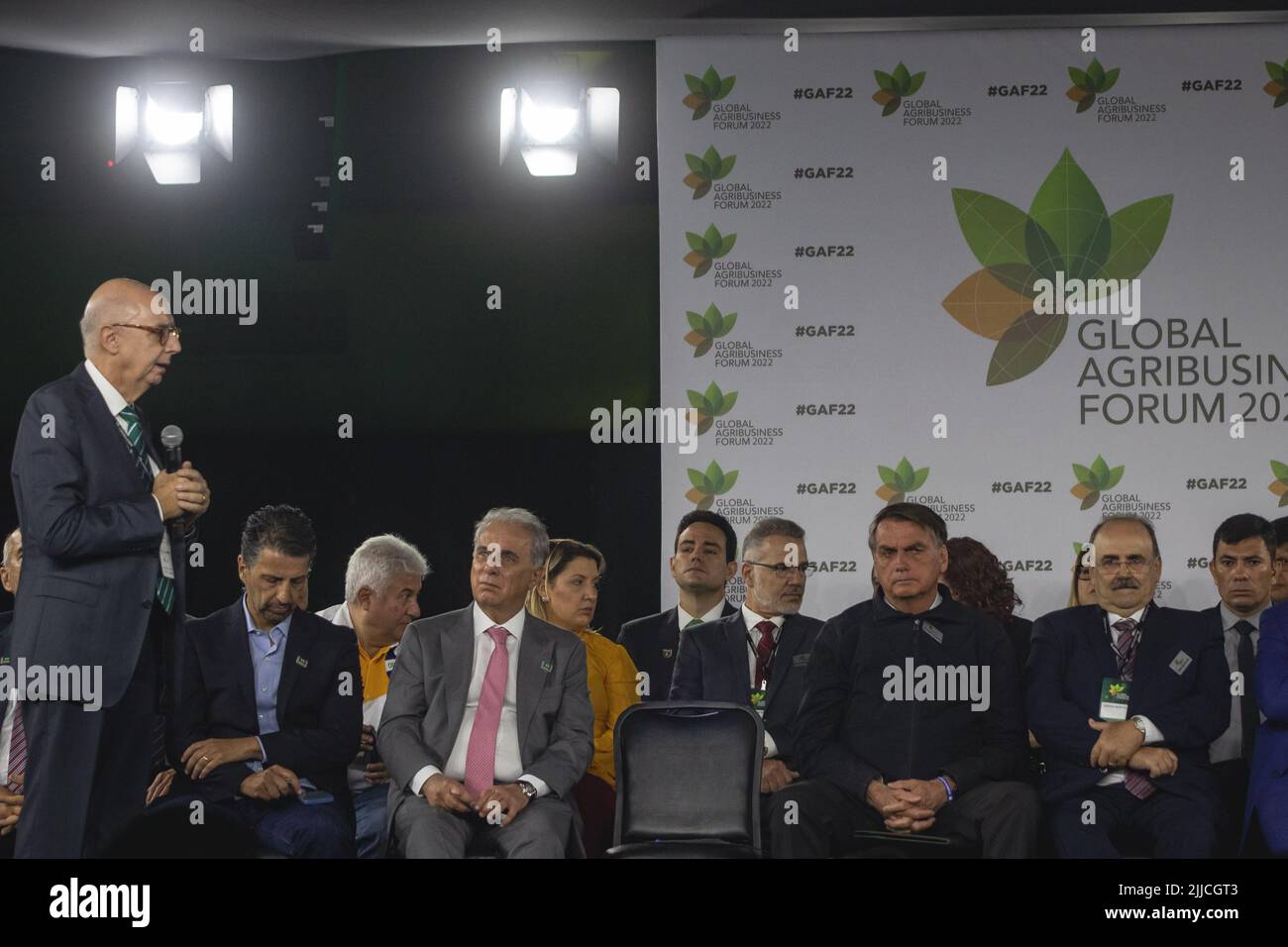 SÃO PAULO, SP - 25.07.2022: ABERTURA GLOBAL AGRIBUSINESS FORUM 22 - President Jair Bolsonaro participated this Monday morning (25) in the opening of the Global Agribusiness Forum 2022 in the South Zone of São Paulo, accompanied by the Minister of Agriculture Marcos Montes, the Minister of Economy Paulo Guedes and Joaquim Álvaro Pereira Leite, Minister of the Environment. (Photo: Yuri Murakami/Fotoarena) Stock Photo