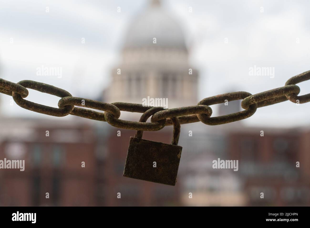 Love Lock on a chain by the river Thames, Bankside, London Stock Photo