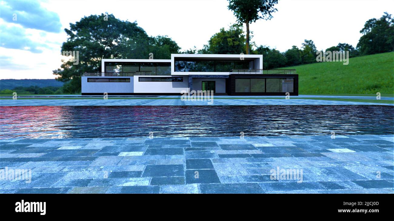 Spacious modern high-tech house with a flat roof and a fenced terrace ...