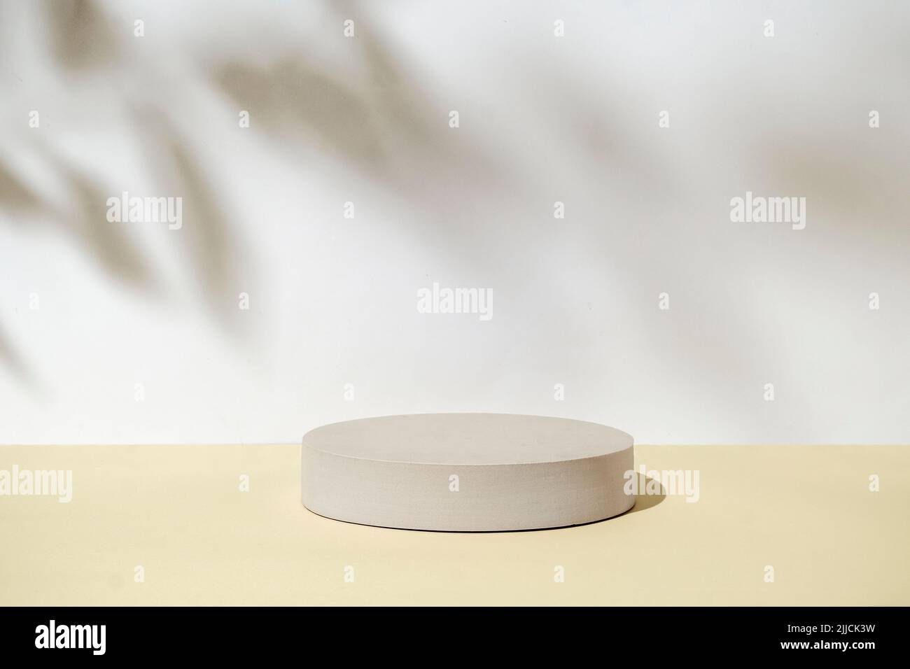 Product display podium. Cylinder circle on a sandy background and a shadow from the leaves. The concept of creative new naturalism. Stock Photo