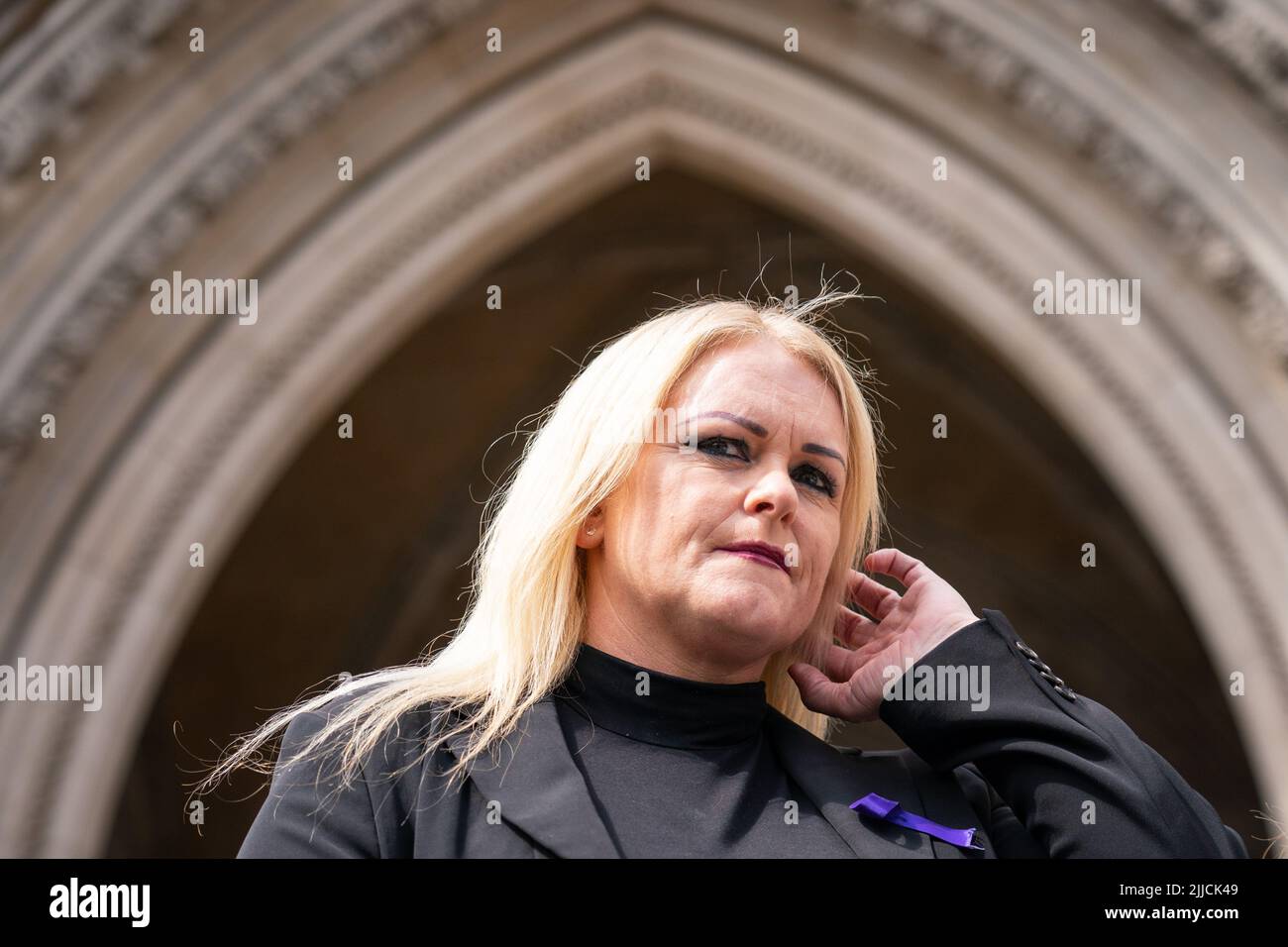 The mother of Archie Battersbee, Hollie Dance speaks to the media outside the Royal Courts of Justice, London. The parents of Archie, 12, have lost their appeal to prevent their son's life support being switched off. Picture date: Monday July 25, 2022. Stock Photo