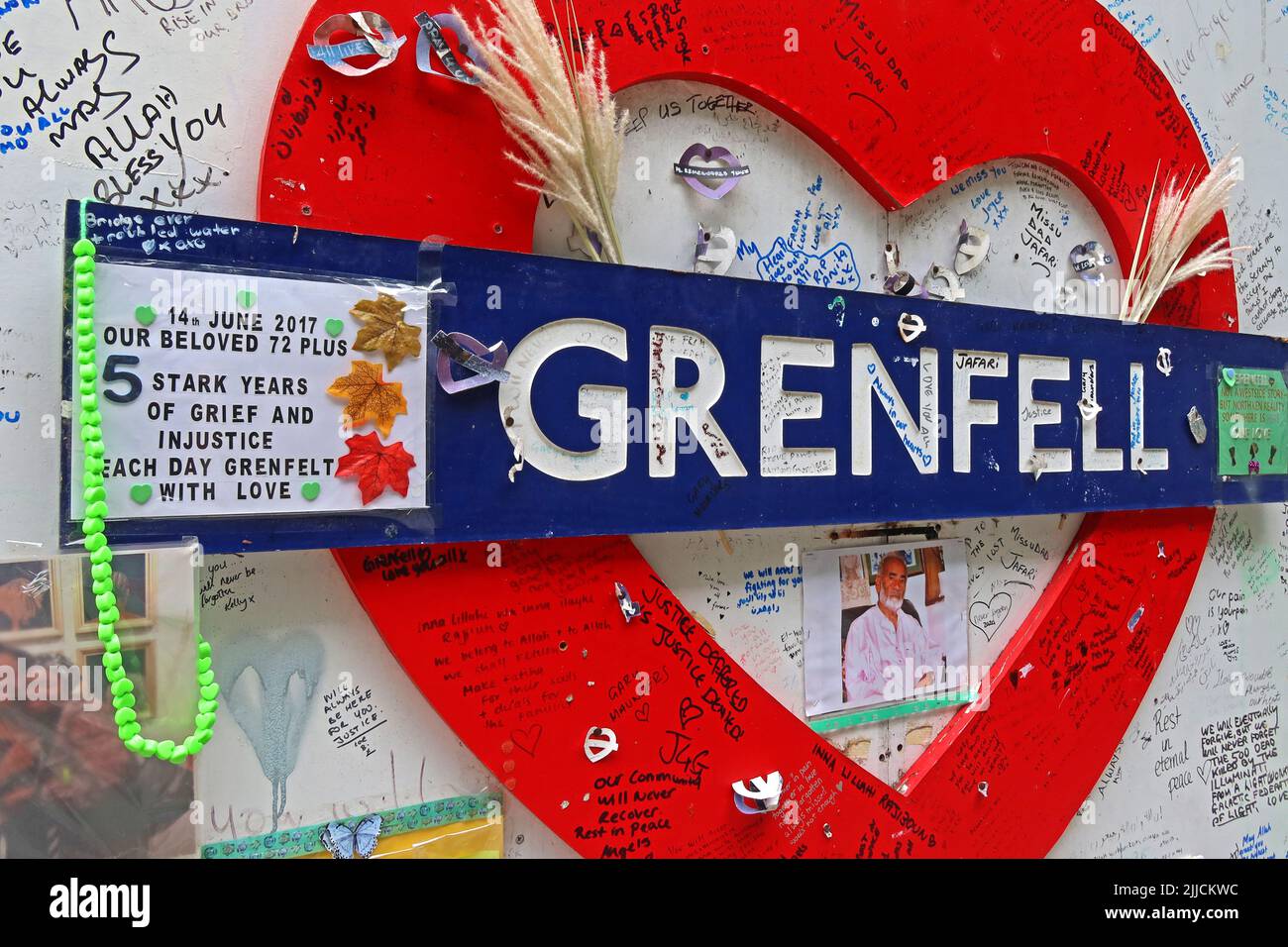 Red Grenfell Tower memorial heart on 5th anniversary of deadly block cladding fire,that claimed 72 innocent lives Stock Photo