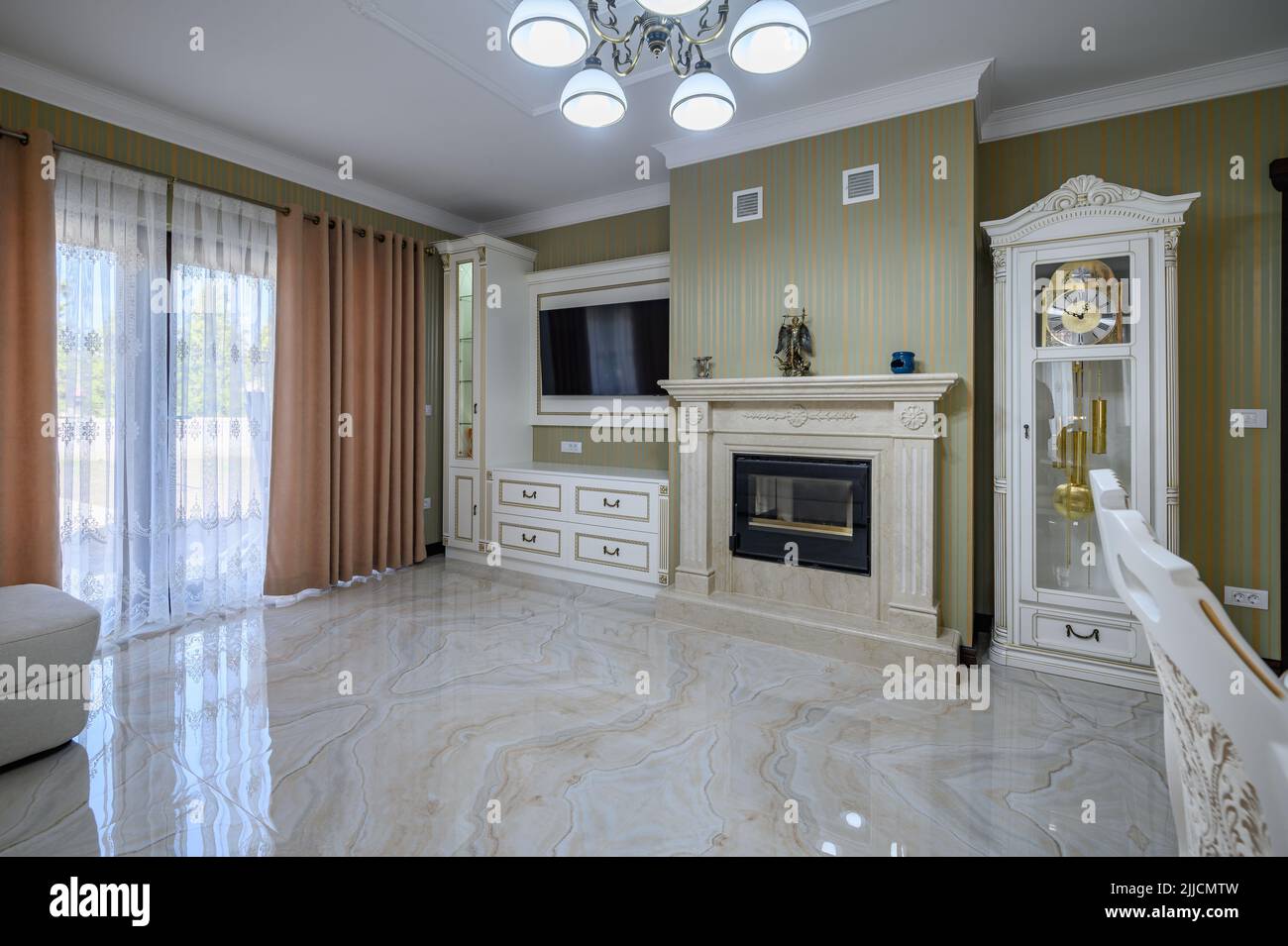 Classic living room interior design with marble floor Stock Photo - Alamy