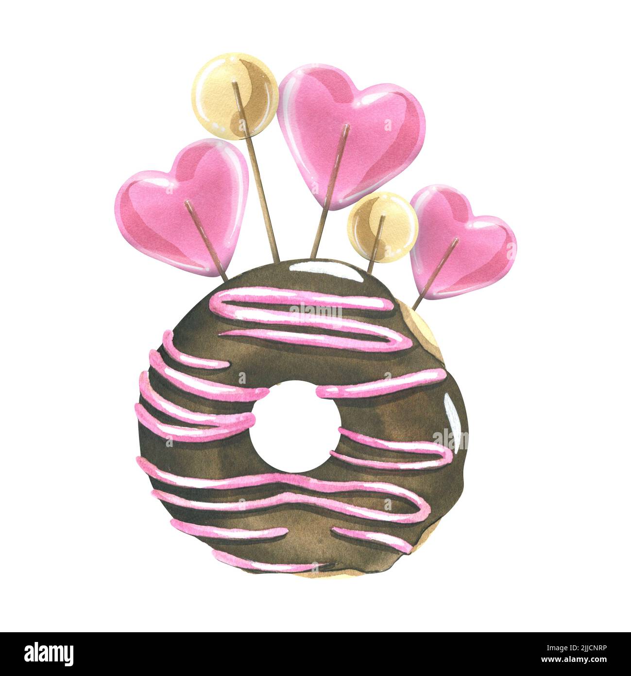 Round donut in chocolate glaze with caramel lollipops. Watercolor illustration. A composition from a large set of SWEETS. For the design and Stock Photo