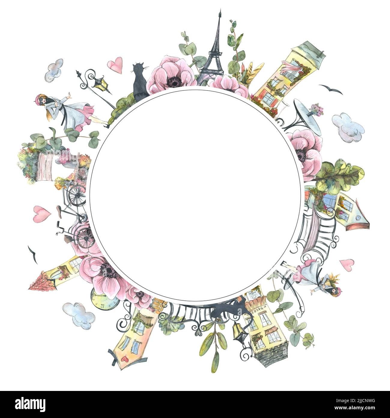 Round frame with Parisian streets, Eiffel tower, flowers and greenery. Watercolor illustration in sketch style, with graphic elements from a large set Stock Photo
