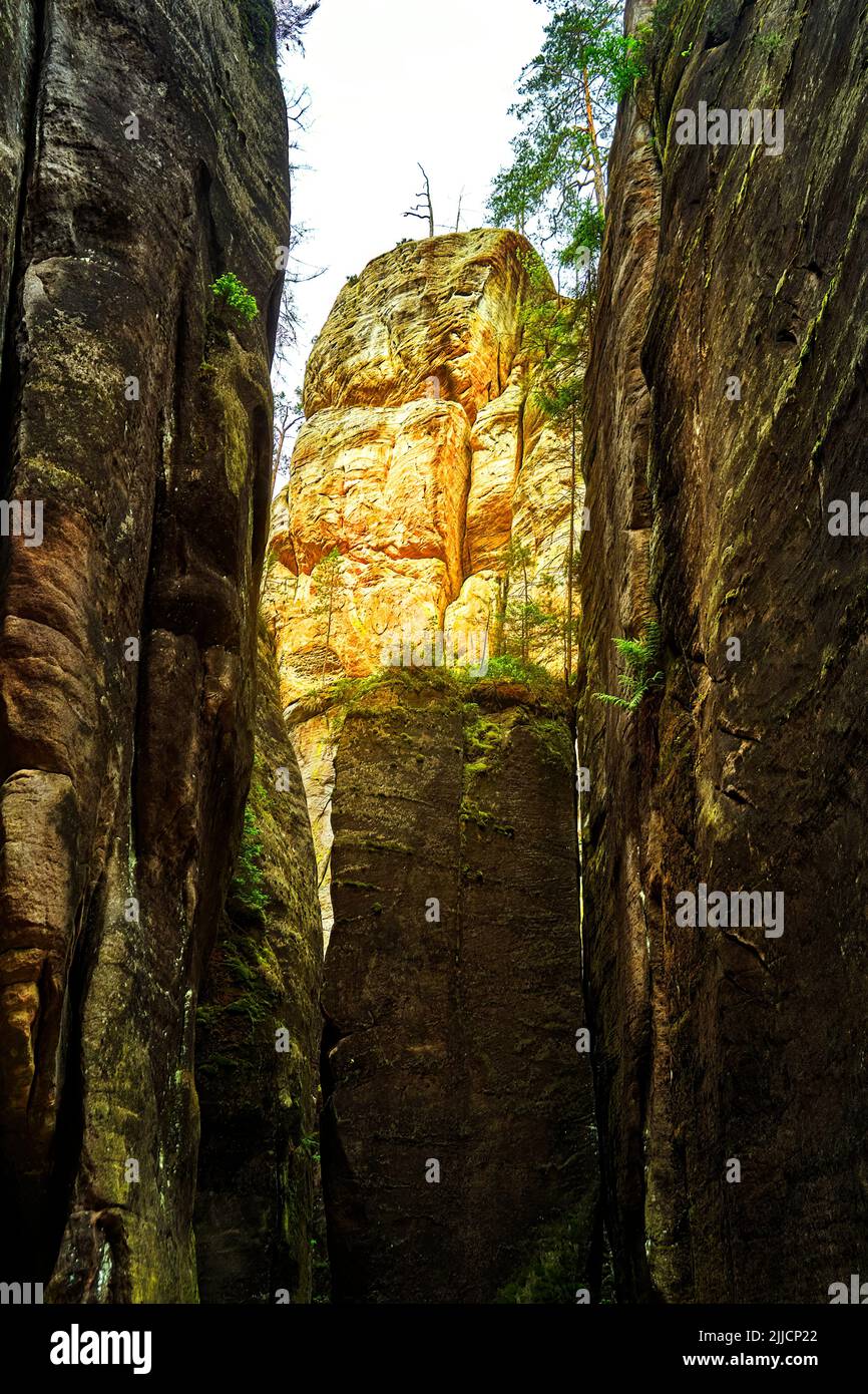 Walls of gigantic sandstone rocks with a block in the middle Stock