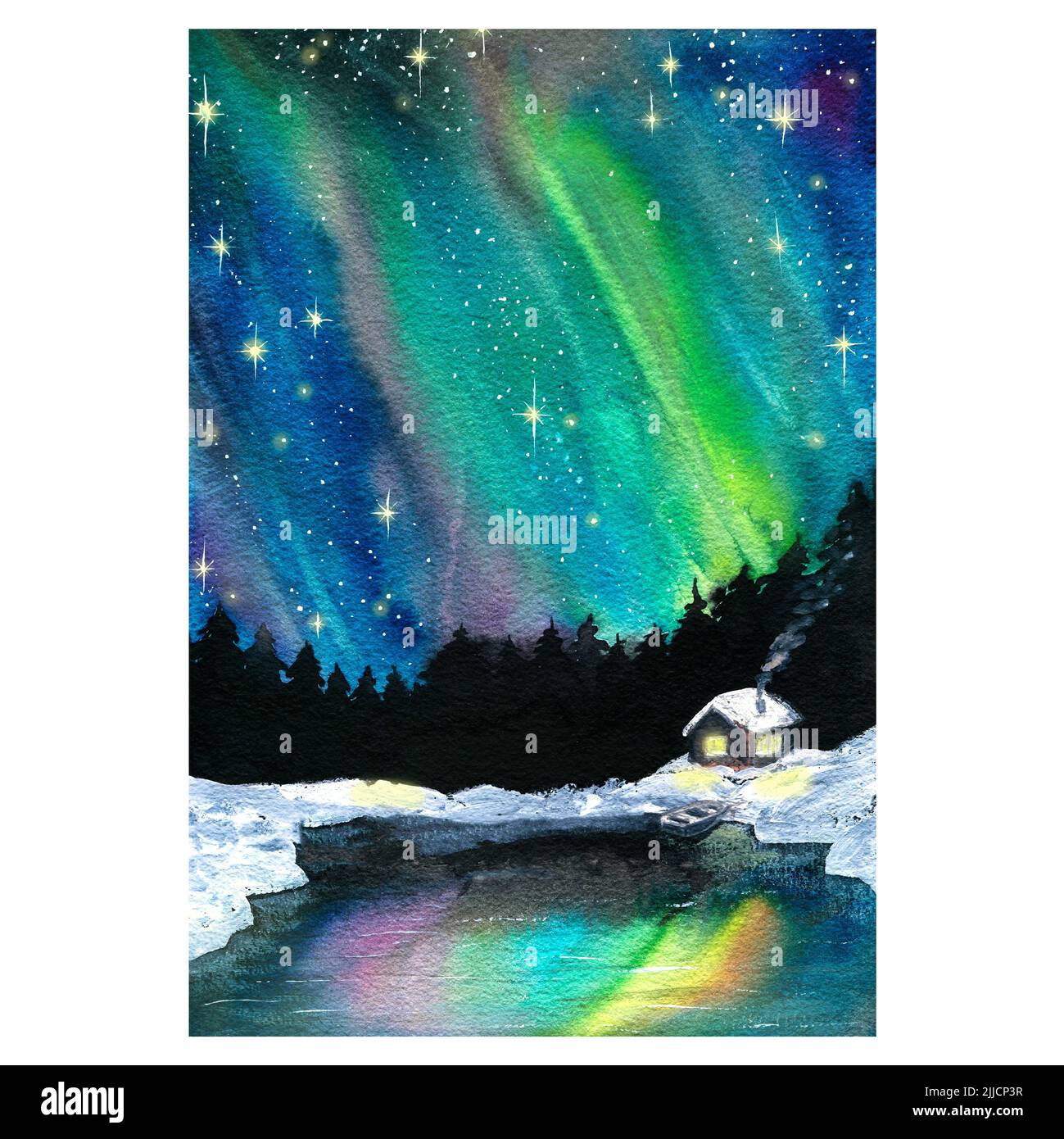 Winter landscape, northern lights in the sky, forest and a hut by the lake in the snow. Watercolor illustration. For the design and decoration of Stock Photo