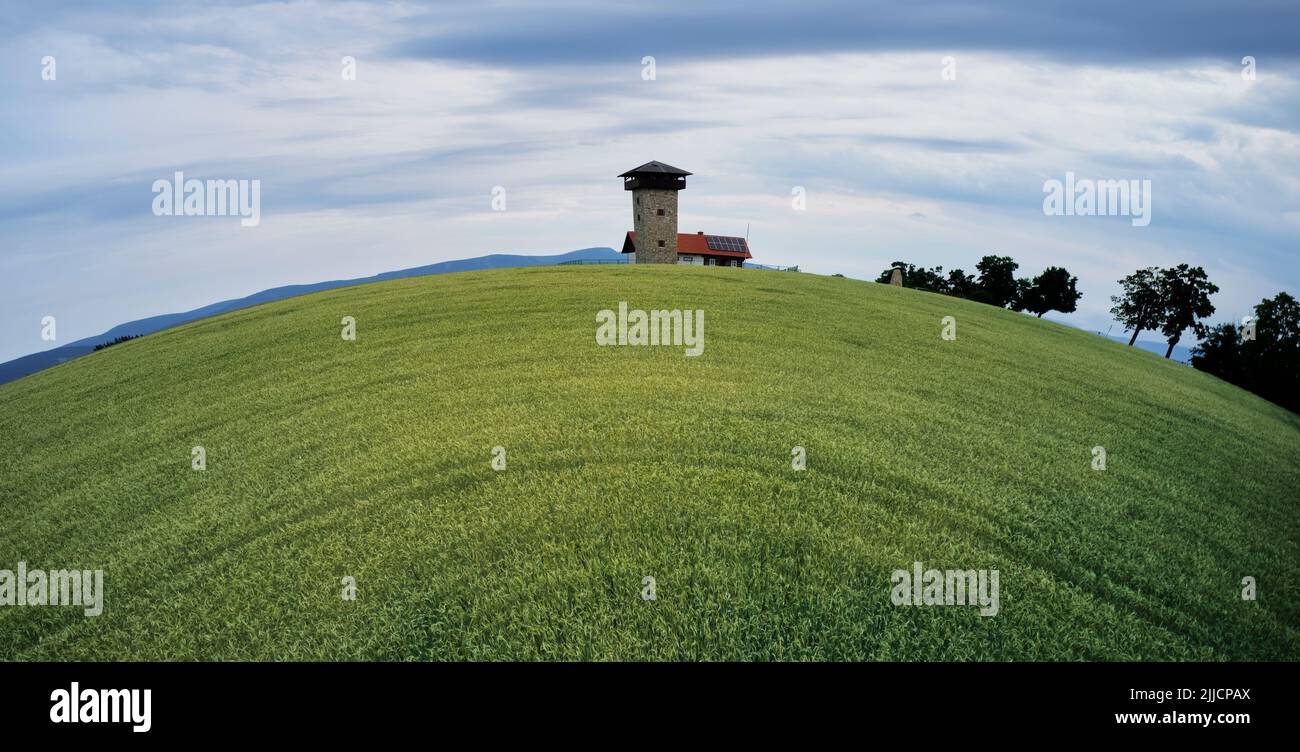 Observation tower on an artificially curved lawn Stock Photo