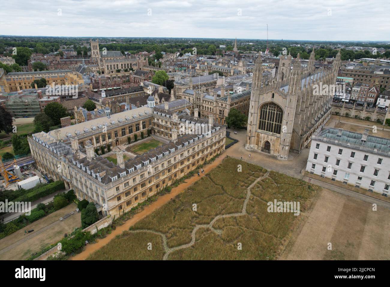 King's College Chapel Cambridge City centre UK drone aerial view heatwave summer 2022 Stock Photo