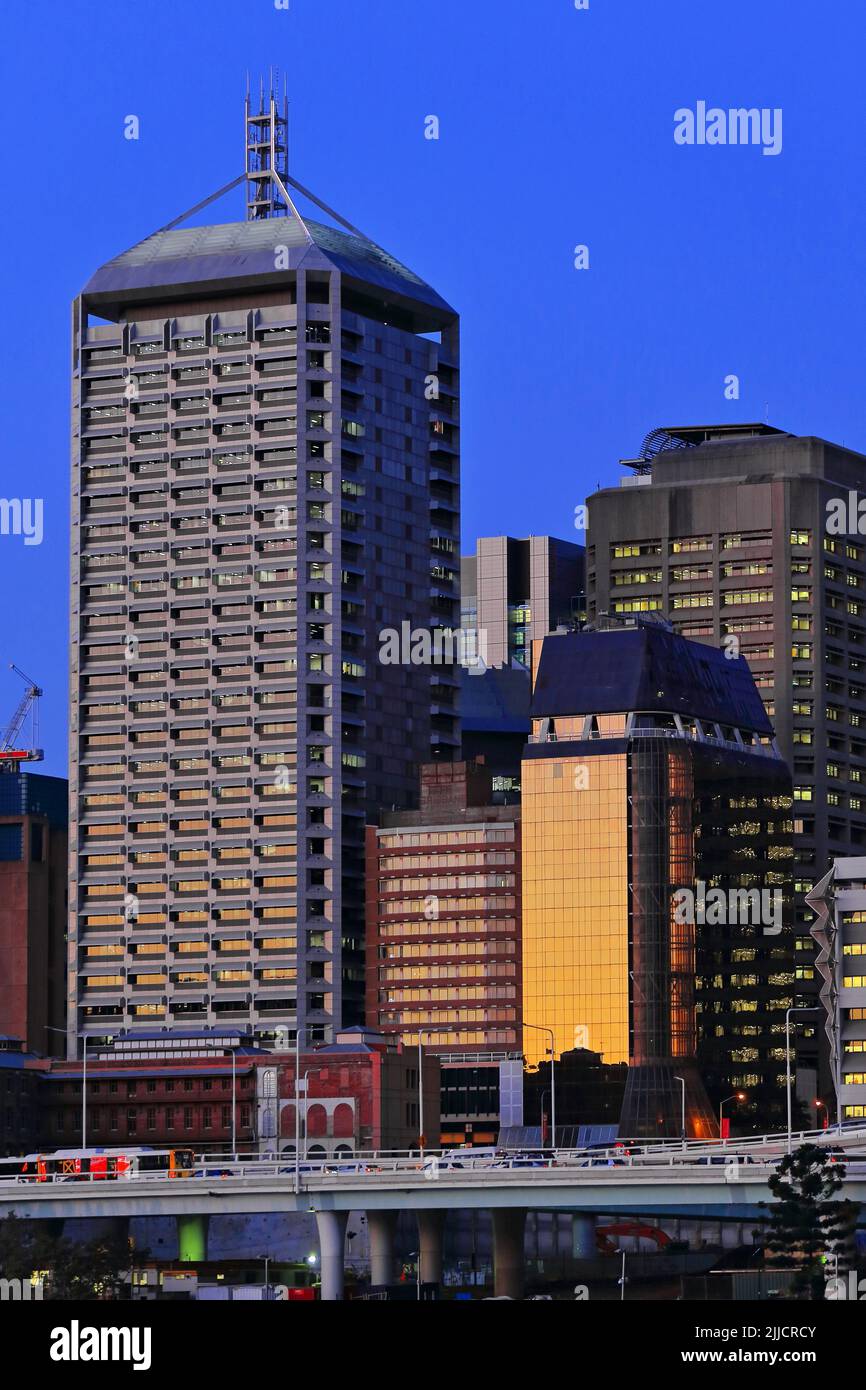 102 Skyscrapers at twilight seen from across the river. Brisbane CBD-Australia. Stock Photo