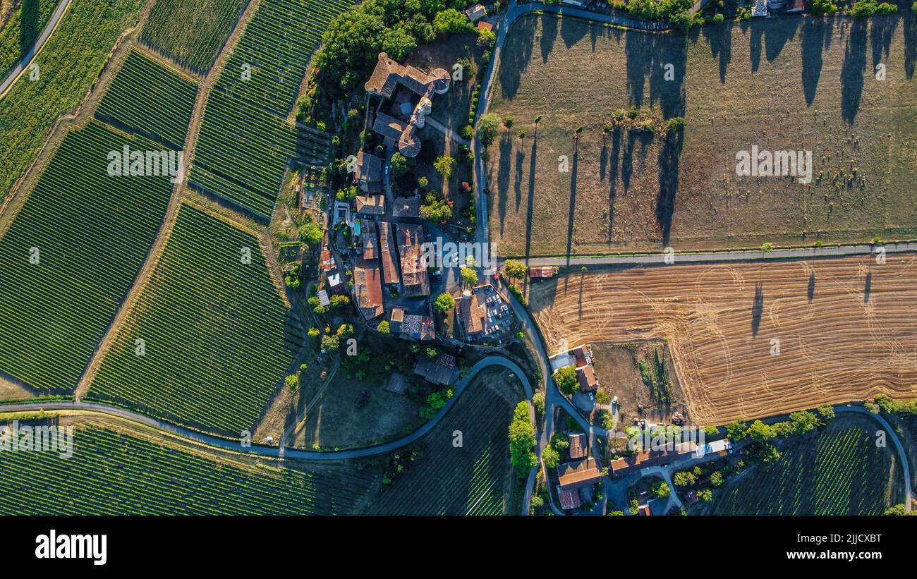 The medieval Chateau Mauriac in the Tarn department of southern France, from the air Stock Photo