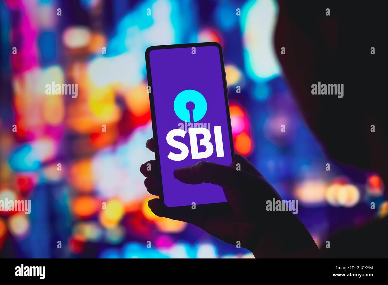 In this photo illustration, the State Bank of India (SBI) logo is displayed on a smartphone screen. (Photo by Rafael Henrique / SOPA Images/Sipa USA) Stock Photo