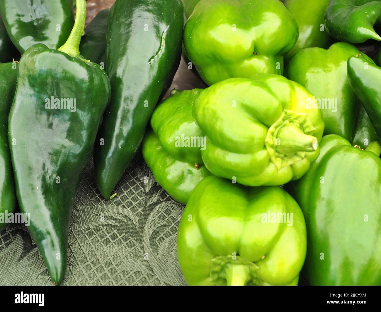 fresh organic green bell peppers and poblano peppers in basket at eugene saturday market Stock Photo