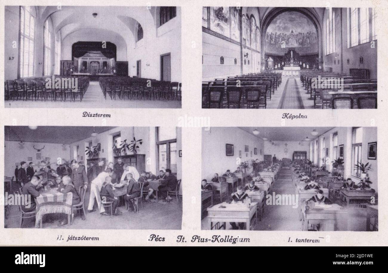 Jt. Inner photos of Pius College. Picture postcard from the 1920s and '30s. The Local History Collection of Csorba Gyz Könyvtár Library has been collecting photos and postcards related to Baranya County since January 1966. According to the data updated on 1st February 2016, the collection consists of 11,565 copies. As the result of the digitisation project that started in 2012, the Collection includes about 59,000 black-and-white and coloured records of different sizes and types, which are searchable through the electronic catalogue. Stock Photo