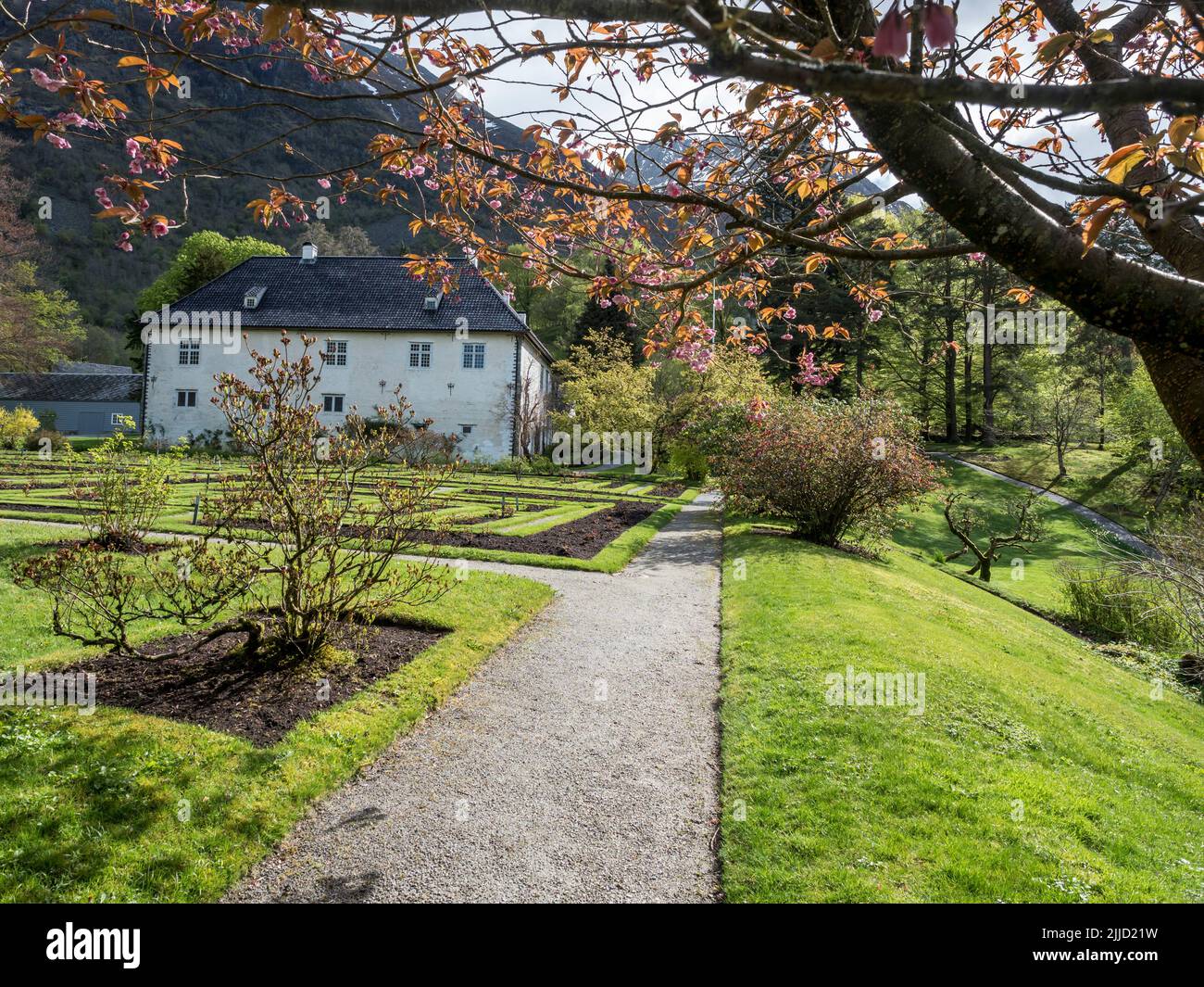 Springtime at the park of baroniet Rosendal, old castle, Rogaland, Norway. Stock Photo