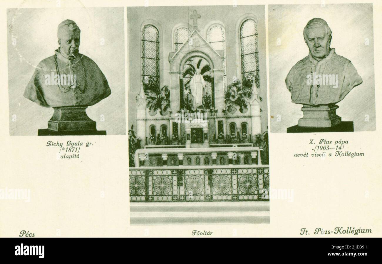Jt. Pius-College. High altar of Pius church in the 1940s. The Local History Collection of Csorba Gyz Könyvtár Library has been collecting photos and postcards related to Baranya County since January 1966. According to the data updated on 1st February 2016, the collection consists of 11,565 copies. As the result of the digitisation project that started in 2012, the Collection includes about 59,000 black-and-white and coloured records of different sizes and types, which are searchable through the electronic catalogue. Stock Photo