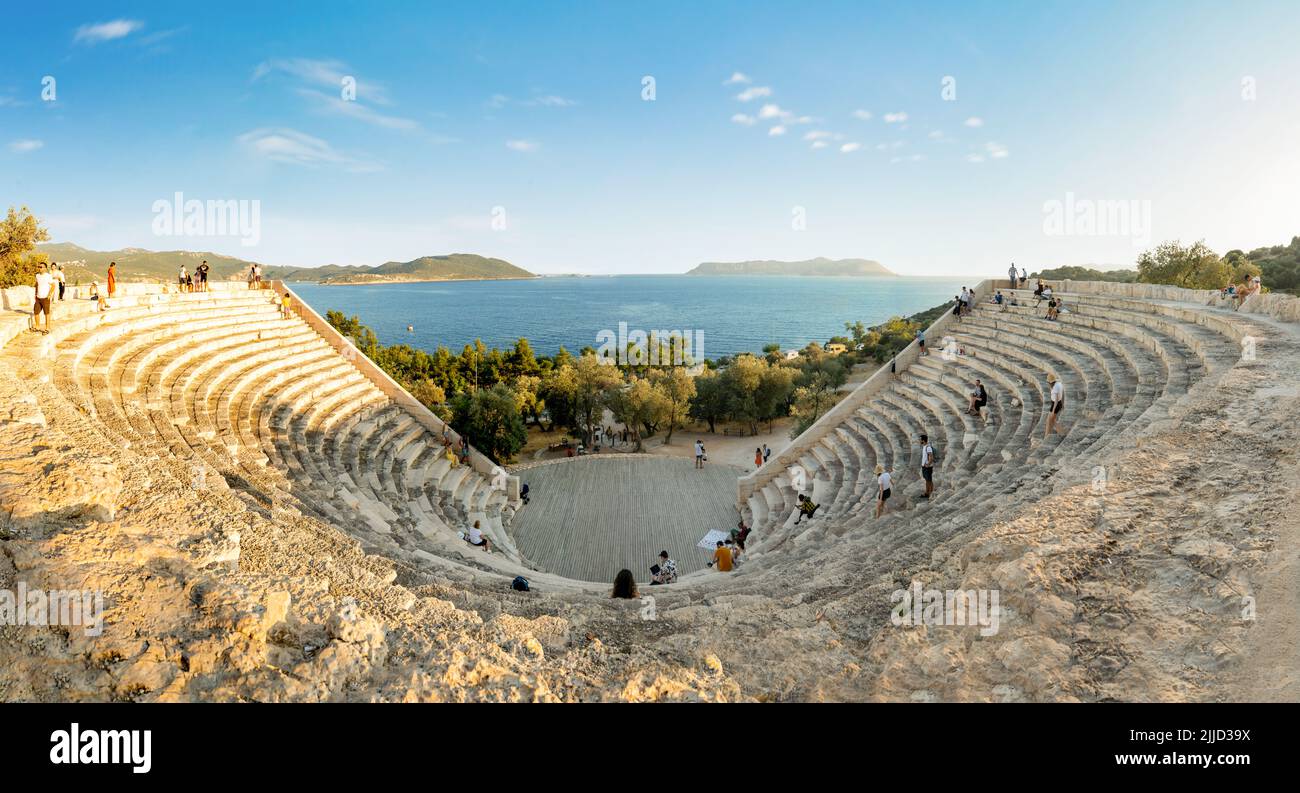 Kaş, Antalya  Turkey - 07.02.2022: Night photo of people wandering in ancient amphitheater of Kaş. Stock Photo