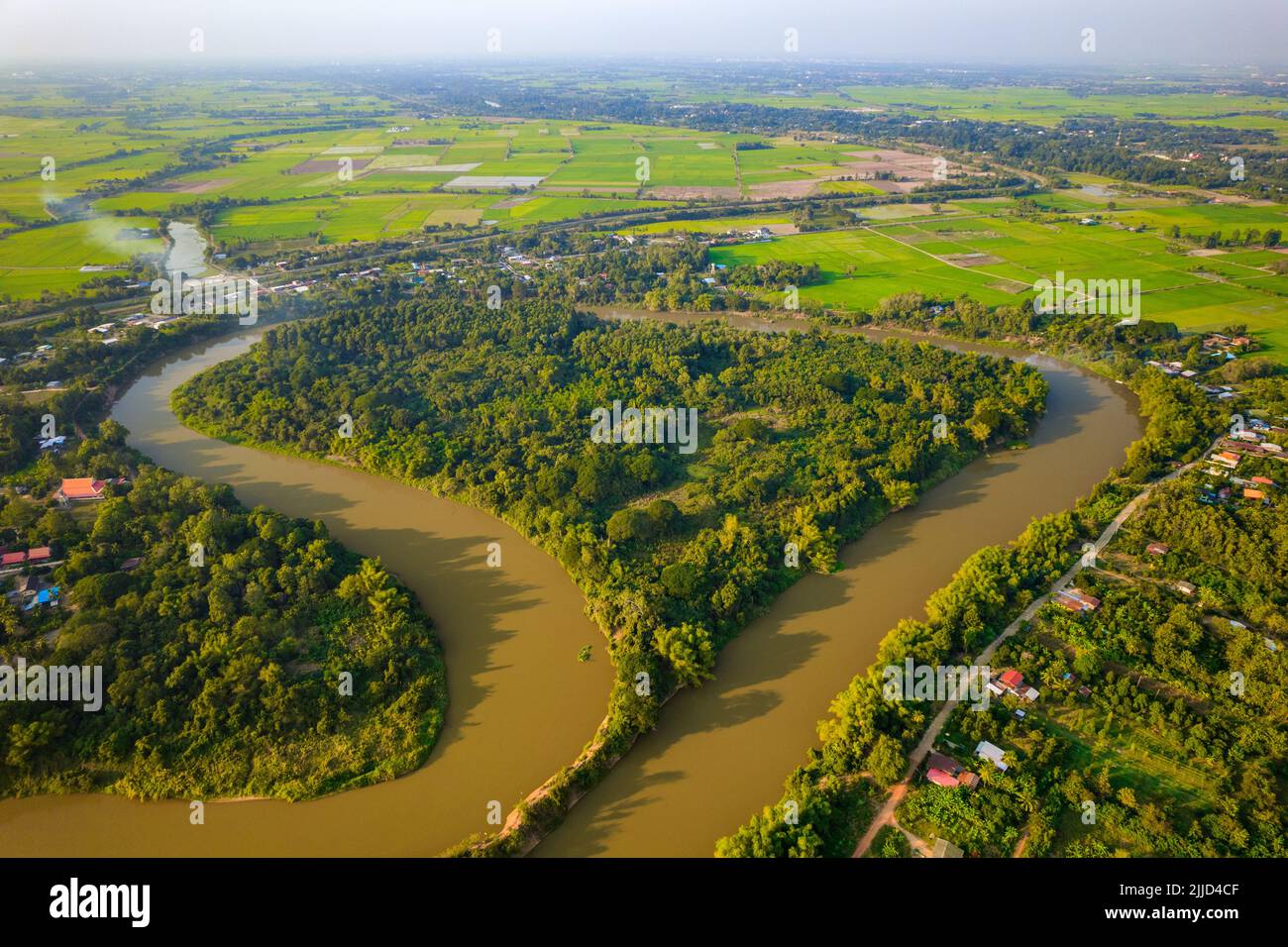 Aerial view of the Nan river making a heart shape peninsula near Phitsanulok, Thailand Stock Photo