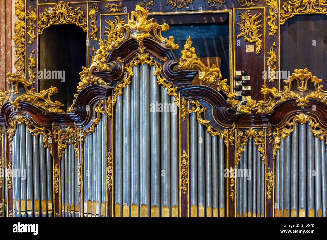 Pipe organ inside Igreja dos Clerigos a Baroque 18th century church designed by Nicolau Nasoni in the centre of Porto a major city in Portugal. Stock Photo