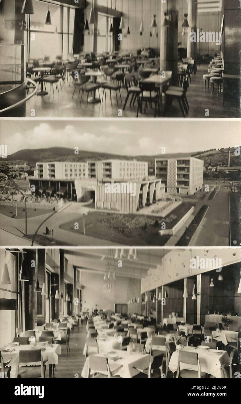 Olympics restaurant. Postcard of the Olimpia Restaurant. The Local History Collection of Csorba Gyz Könyvtár Library has been collecting photos and postcards related to Baranya County since January 1966. According to the data updated on 1st February 2016, the collection consists of 11,565 copies. As the result of the digitisation project that started in 2012, the Collection includes about 59,000 black-and-white and coloured records of different sizes and types, which are searchable through the electronic catalogue. The famous postcard collector Tibor Endre Tóth has procured a postcard-collecti Stock Photo