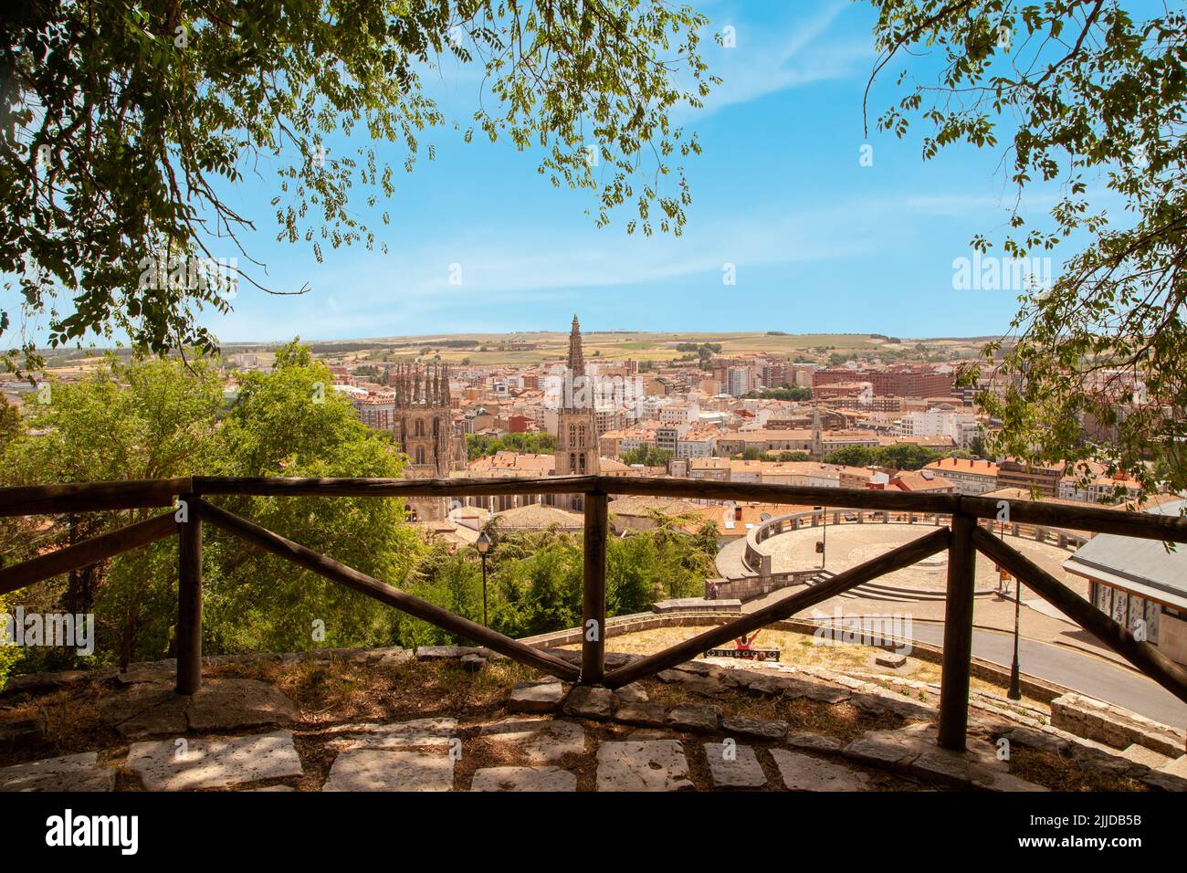 View over the Spanish city of Burgos Spain from the Mirador Del Castillo  view point  towards the cathedral Stock Photo
