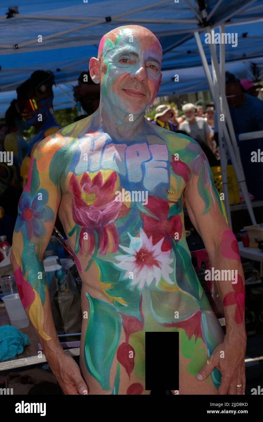 A man in his sixties after being painted at NYC Body Painting Day in Union Square Park in Lower Manhattan, New York. Stock Photo