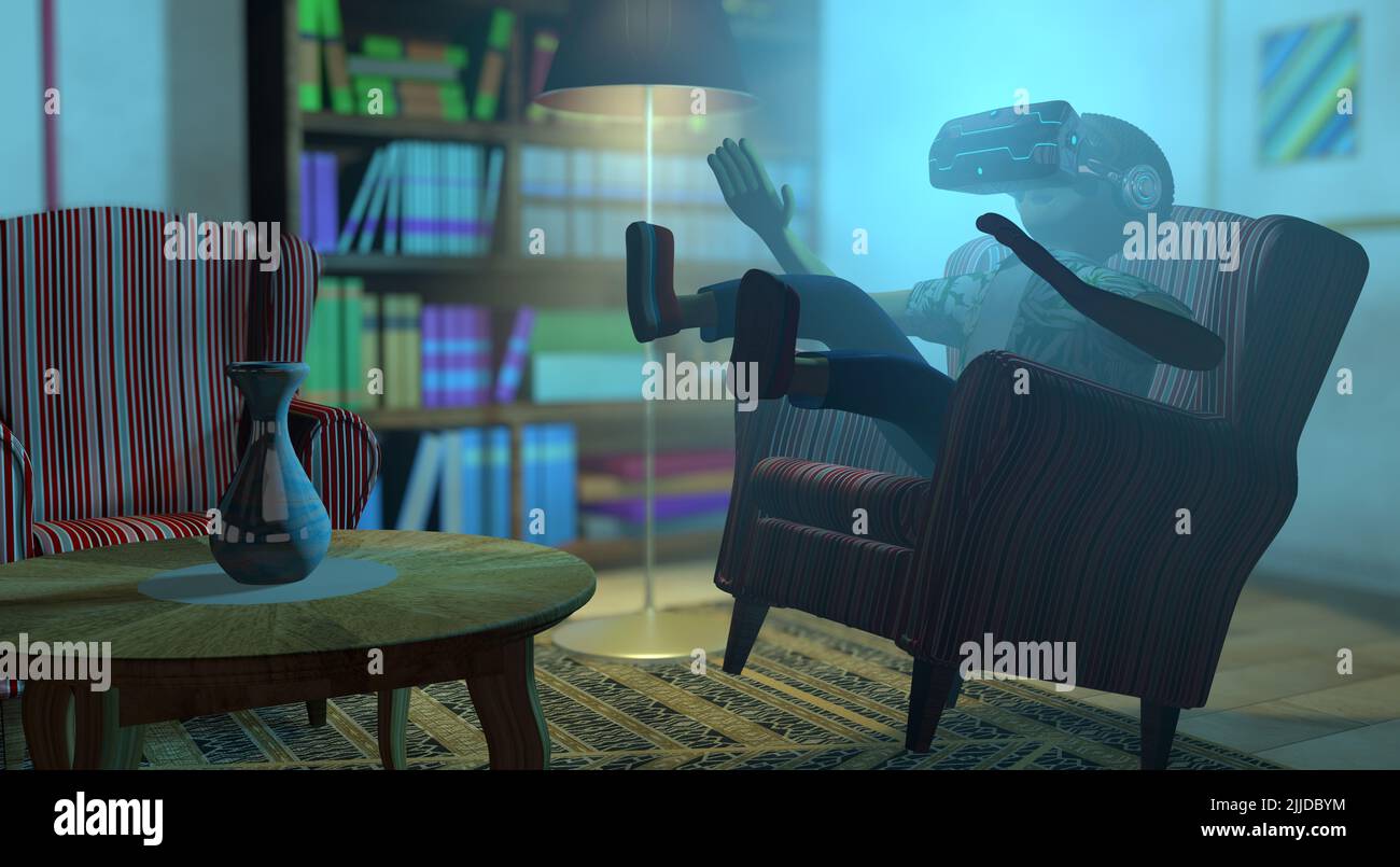 Young man jumping on an antique armchair that floats in his living room using virtual reality goggles with blue light. 3D Illustration Stock Photo