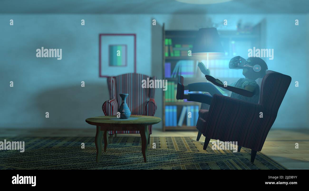 Young man jumping on an antique armchair that floats in his living room using virtual reality goggles with blue light. 3D Illustration Stock Photo