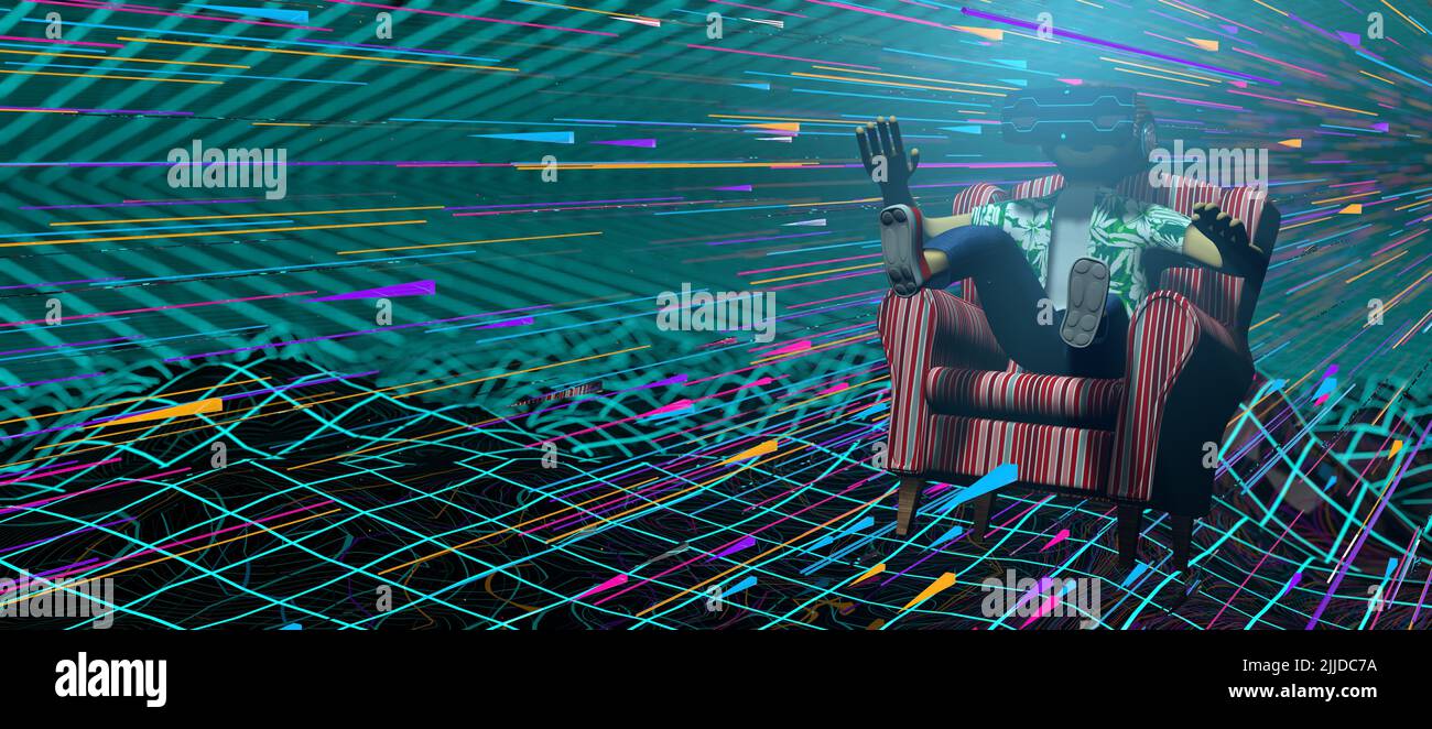 Young man seen from the front wearing virtual reality glasses with blue light jumping on an old armchair flying at high speed in a virtual space forme Stock Photo