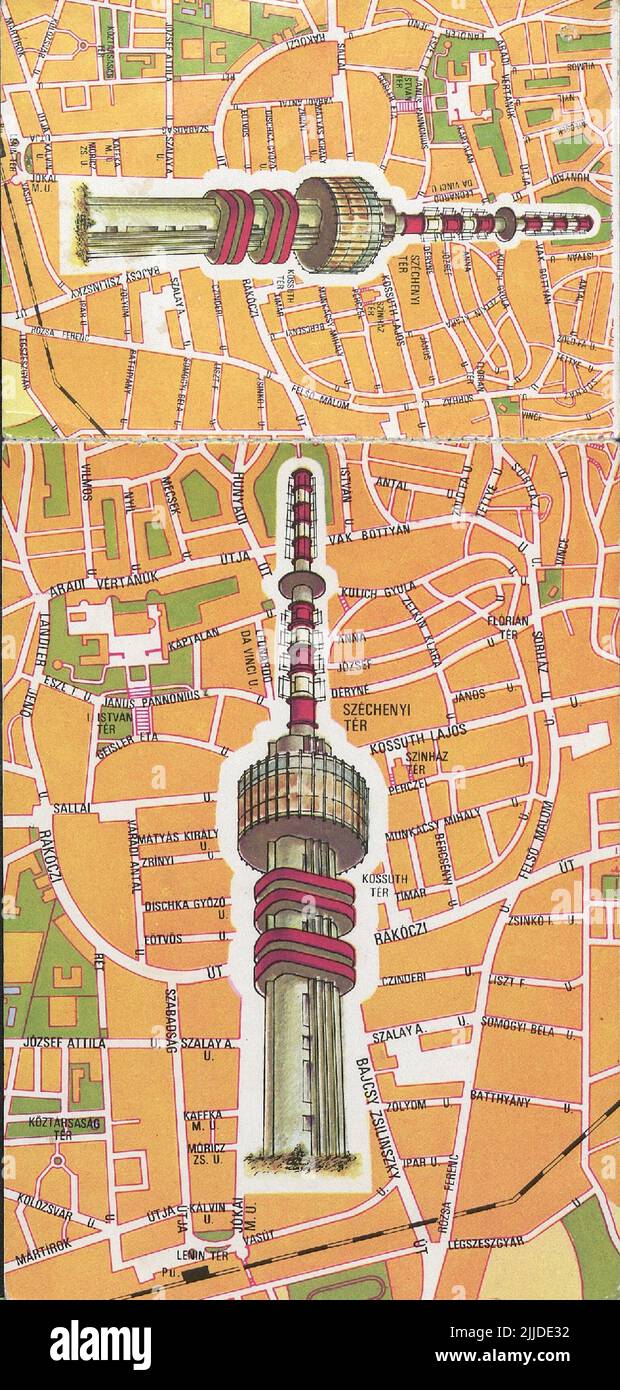 P??cs, TV Lookout, Presso. Postcard with the map of P??cs city and the TV