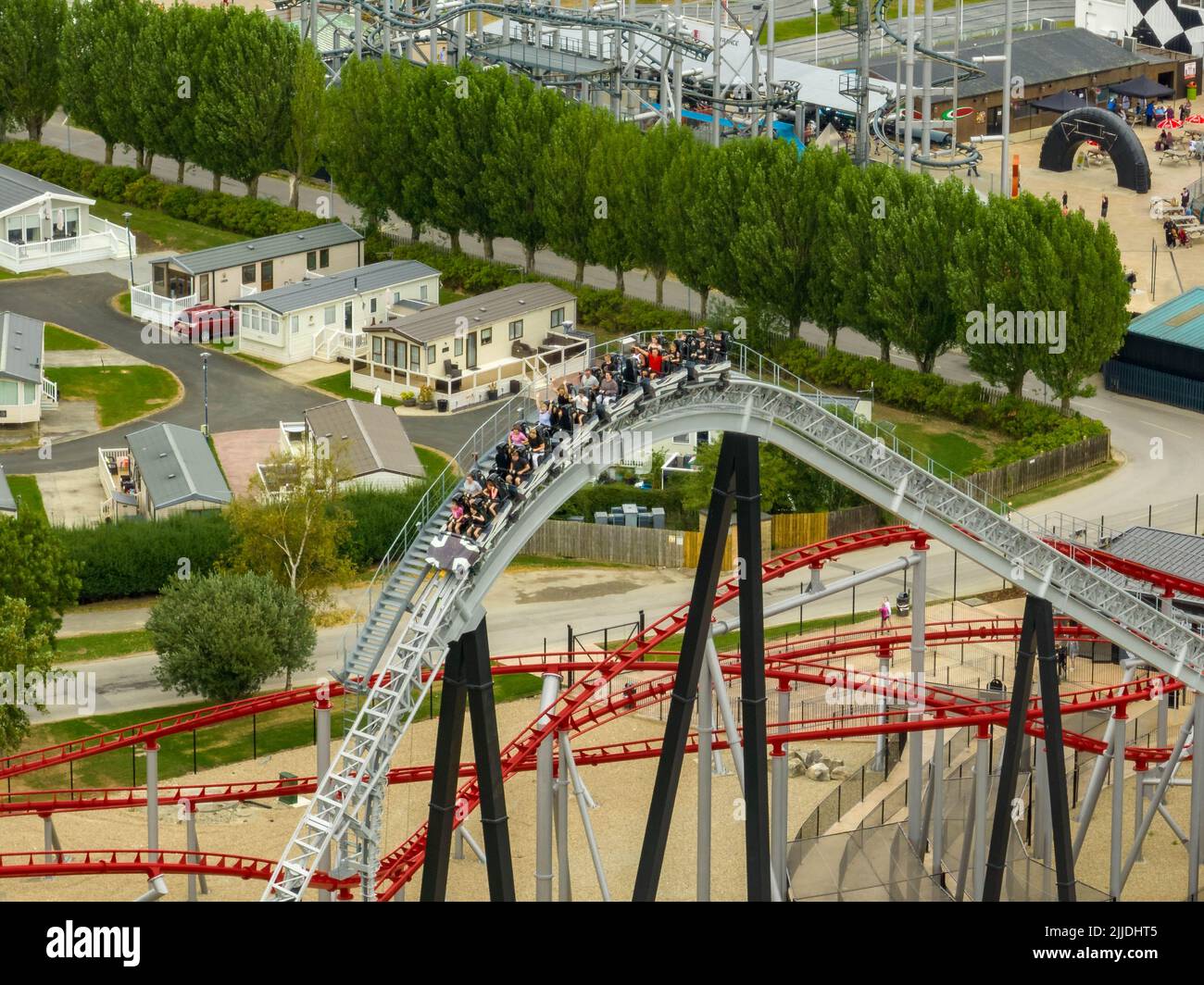 A Unique View from the Air of Sik  the brand new 10 Looping Roller coaster and all the other rides at  Flamingo Land aerial birds eye view rollercoast Stock Photo