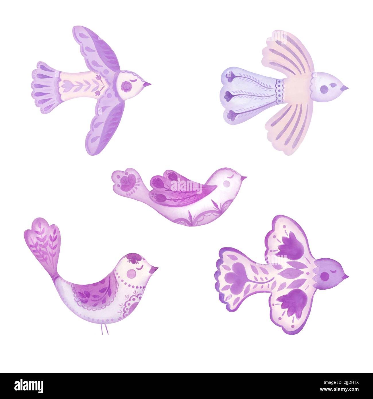 Set of illustrations Folk birds in purple and pink color isolated on ...