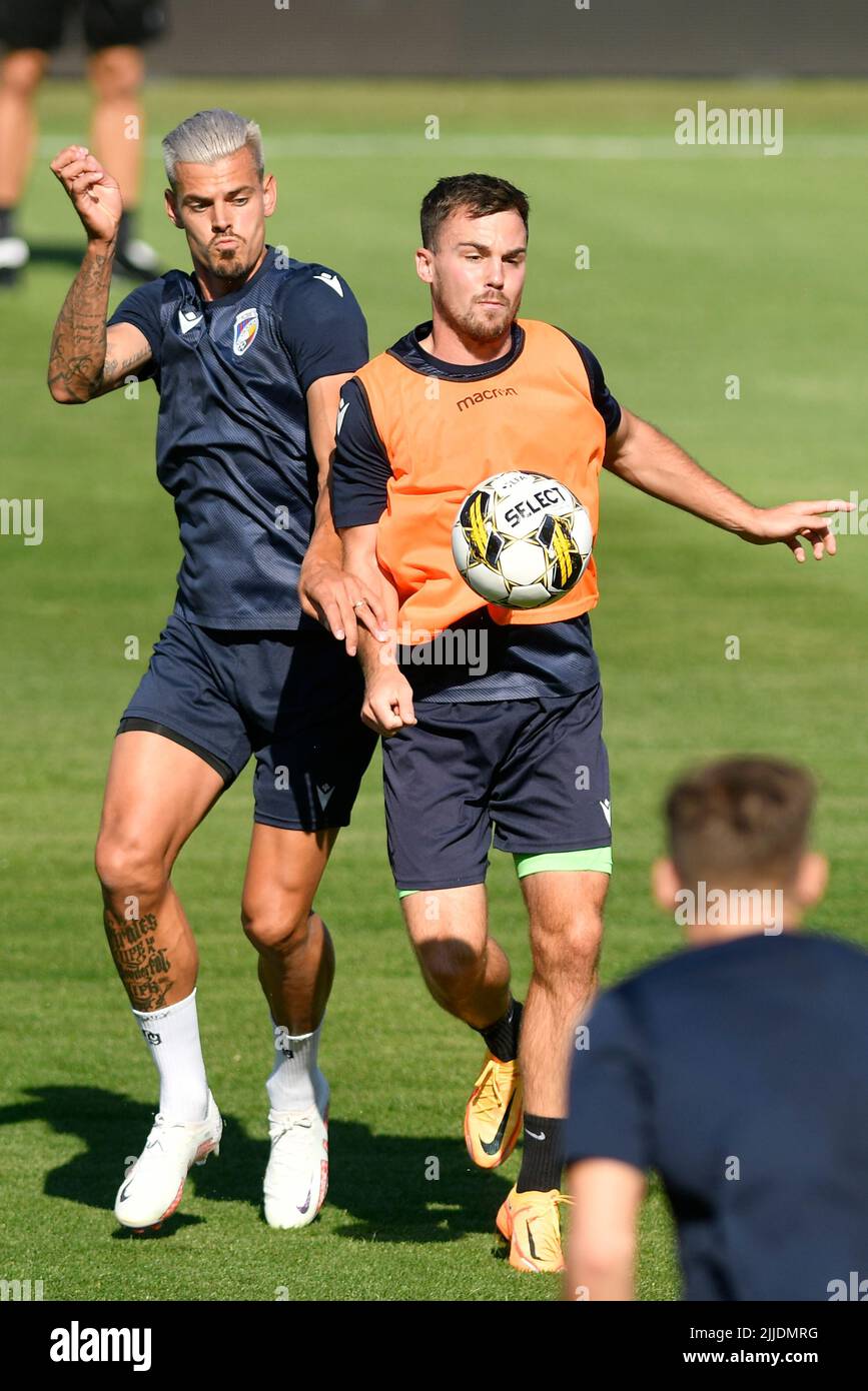 Belgrade. 24th July, 2019. Crvena Zvezda's Milan Rodic (R) vies with HJK's  Nikolai Alho (L) during UEFA Champions League first leg of the second  qualifying round between Serbia's Crvena Zvezda and Finland's