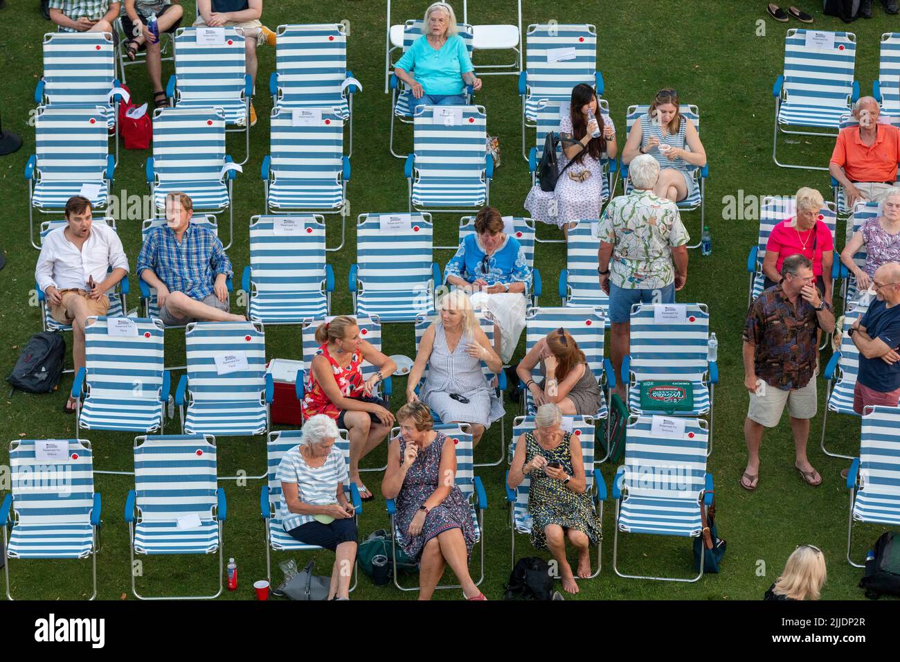 People outdoors on the Esplanade for a summer concert by the Boston Landmarks Orchestra Stock Photo